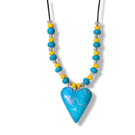 Håndlaget Collier med hjerte, blå og gul farger. -280207475 Håndlaget Collier med hjerte, blå og gul farger. -280207475