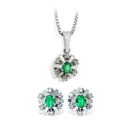 Diamantsett i hvitt gull med smaragd - 27058/760054 Diamantsett i hvitt gull med smaragd - 27058/760054