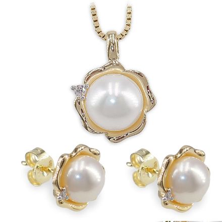 Diamantsett i gult gull med ferskvannsperle - BUR221262/BUR721230 Diamantsett i gult gull med ferskvannsperle - BUR221262/BUR721230