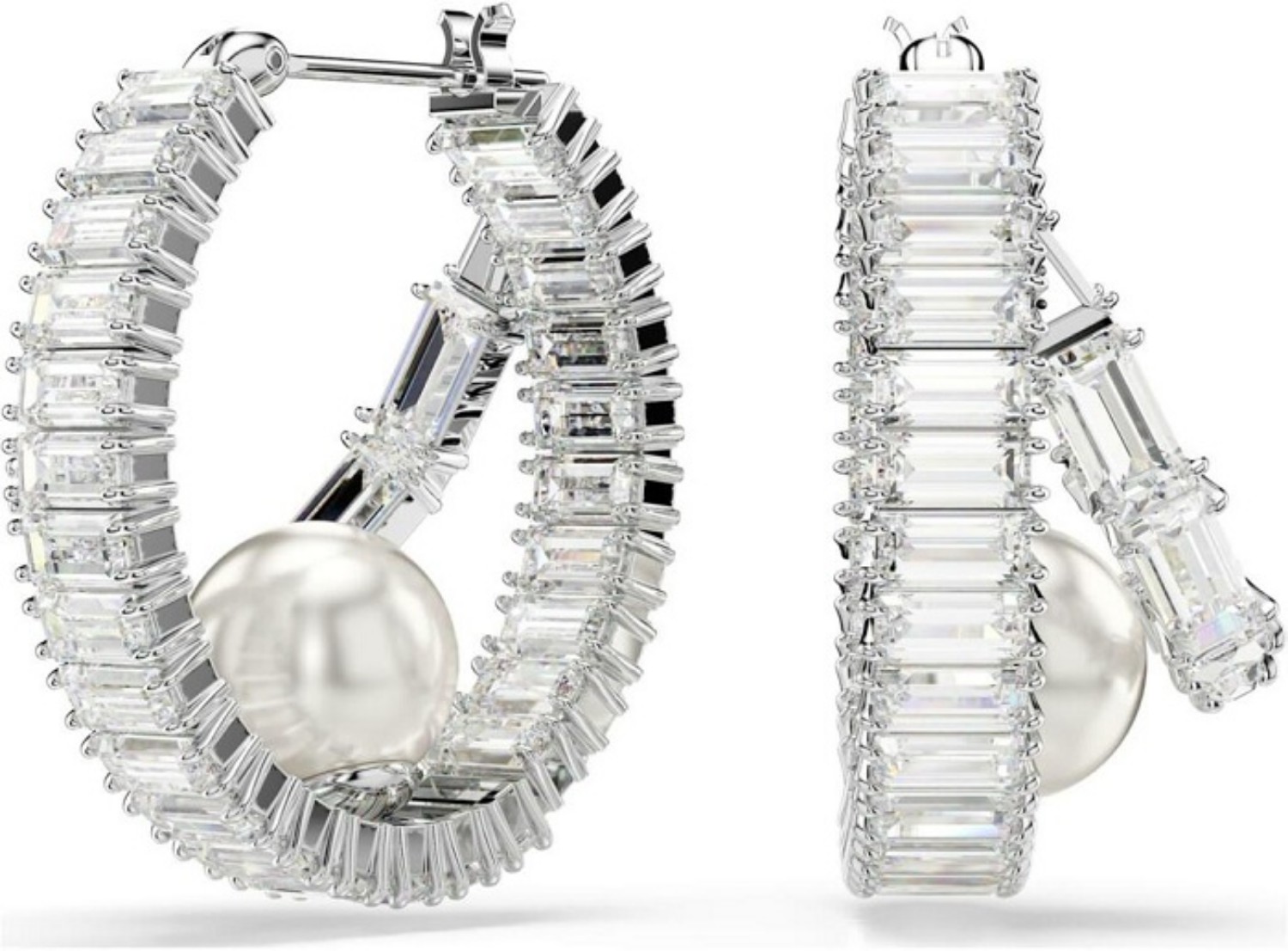 Swarovski øredobber Ariana Grande x Swarovski hoop earrings Crystal pearl, Baguette cut, White, Rhodium plated - 5720868