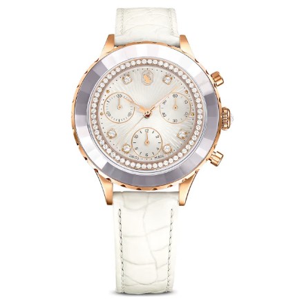 Swarovski klokke Octea Chrono watch Swiss Made, Leather strap, White, Rose gold-tone finish - 5671150 Swarovski klokke Octea Chrono watch Swiss Made, Leather strap, White, Rose gold-tone finish - 5671150