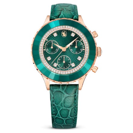 Swarovski klokke Octea Chrono watch Swiss Made, Leather strap, Green, Rose gold-tone finish - 5672931 Swarovski klokke Octea Chrono watch Swiss Made, Leather strap, Green, Rose gold-tone finish - 5672931
