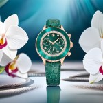 Swarovski klokke Octea Chrono watch Swiss Made, Leather strap, Green, Rose gold-tone finish - 5672931