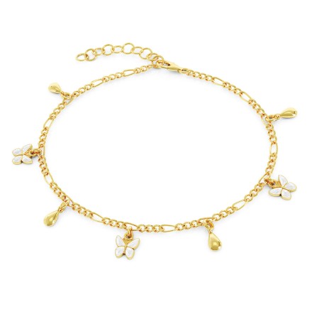 Armbånd Figaro  i forgylt sølv med hvite sommerfugler og dråper Armbånd Figaro  i forgylt sølv med hvite sommerfugler og dråper