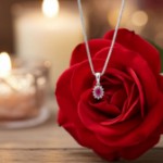 Diamantsmykke rosett i gull med 0,034 ct W-Si og rubin - 27228