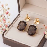 Diamant øredobber i gull 14 kt med røkkvarts og 0,03ct WSI diamanter - 47687