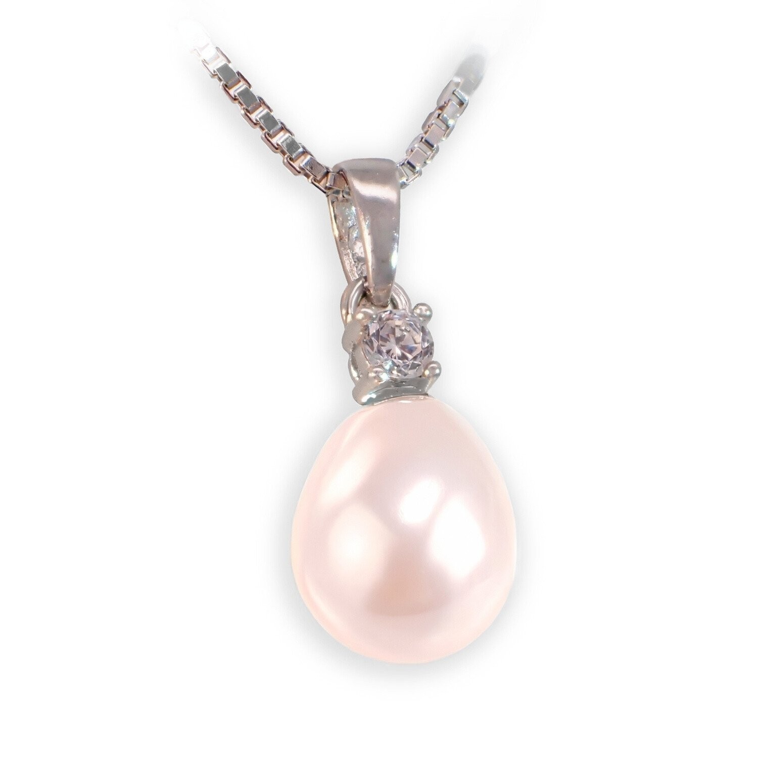 Sølvsmykke med ferskvannsperle, zirkonia og sølv kjede - 3324584