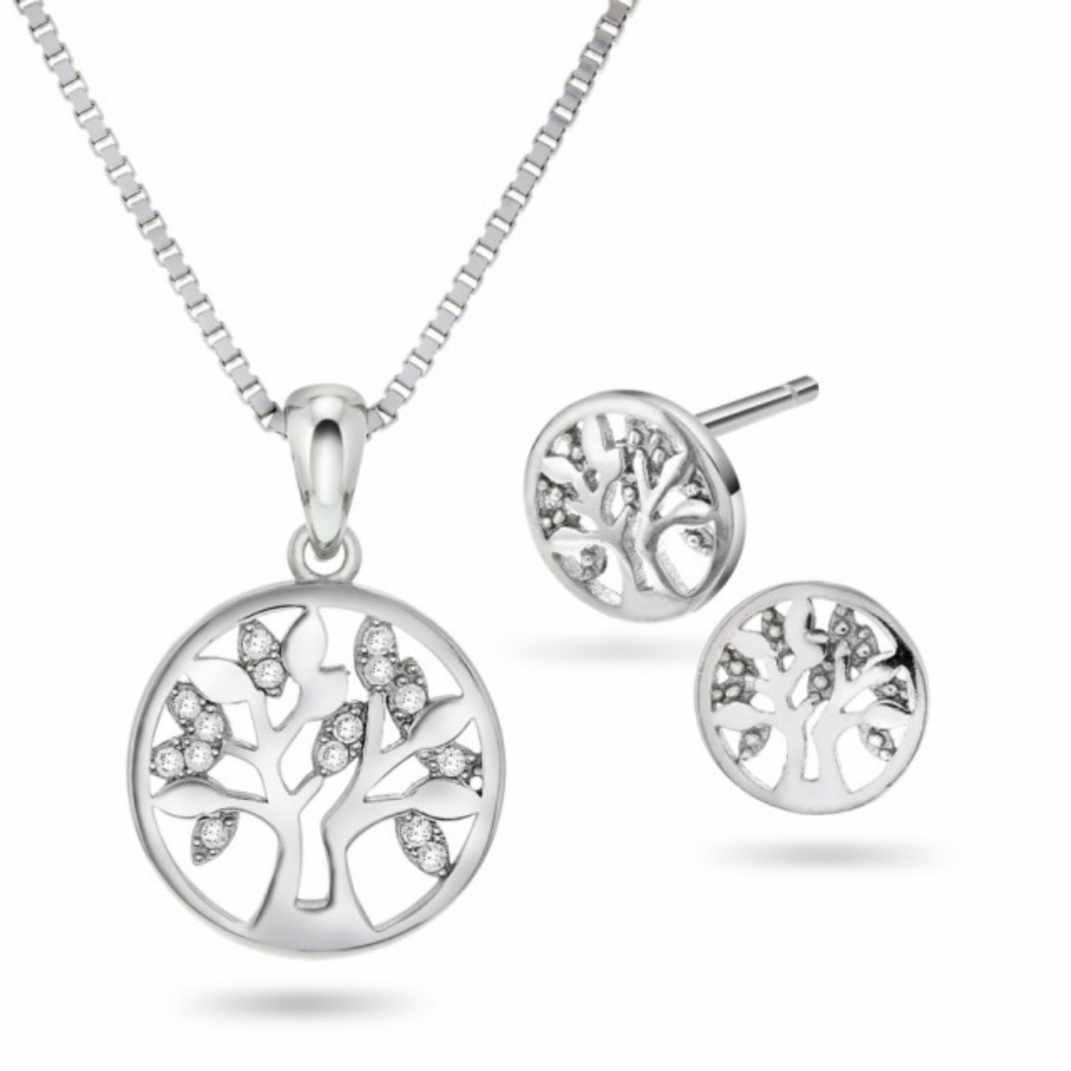 Smykkesett Livets tre i rhodinert sølv med zirkonia - 69546