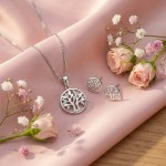 Smykkesett Livets tre i rhodinert sølv med zirkonia - 69546