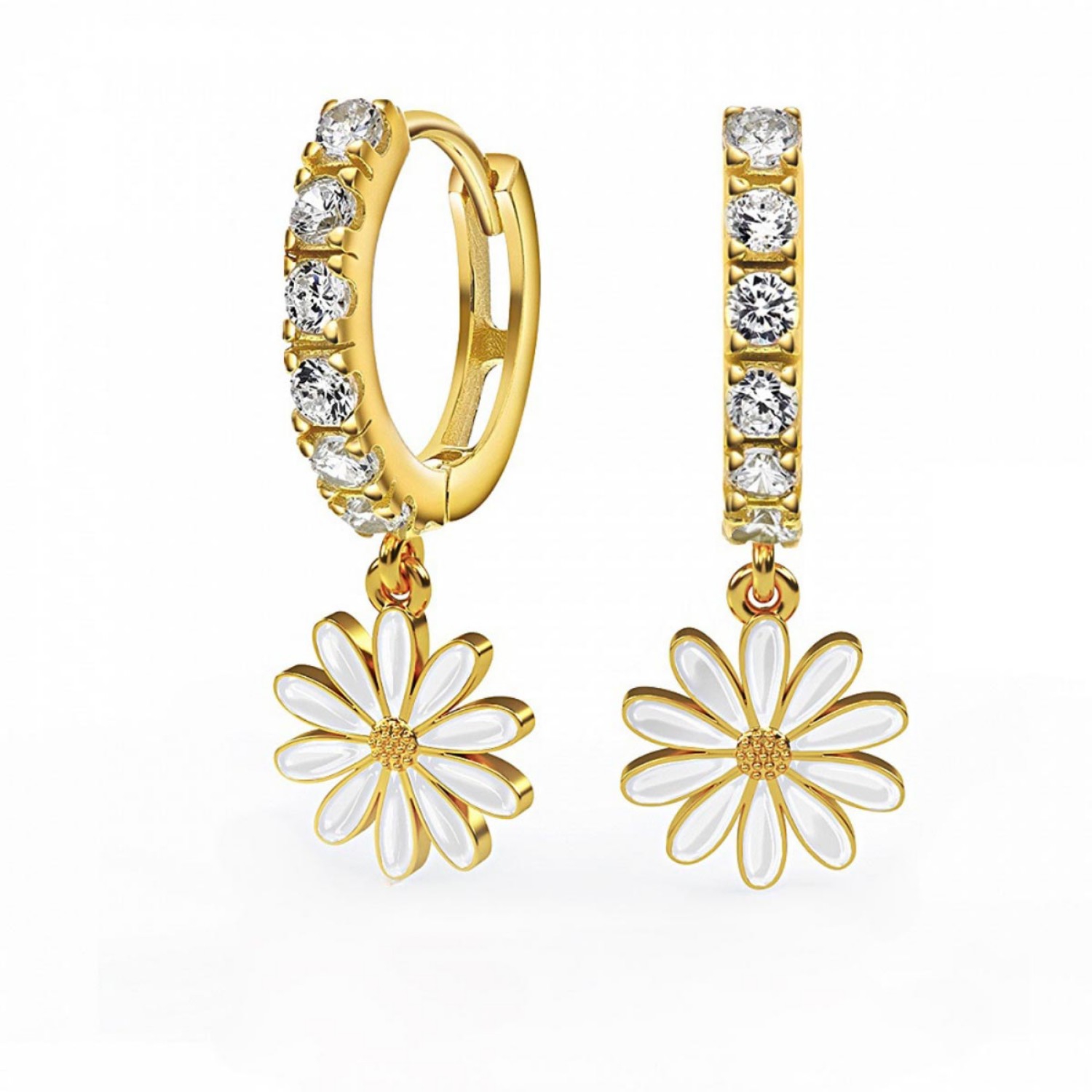 Kreoler i forgylt sølv med cirkonia og hvit prestekrage. LIV - 701303